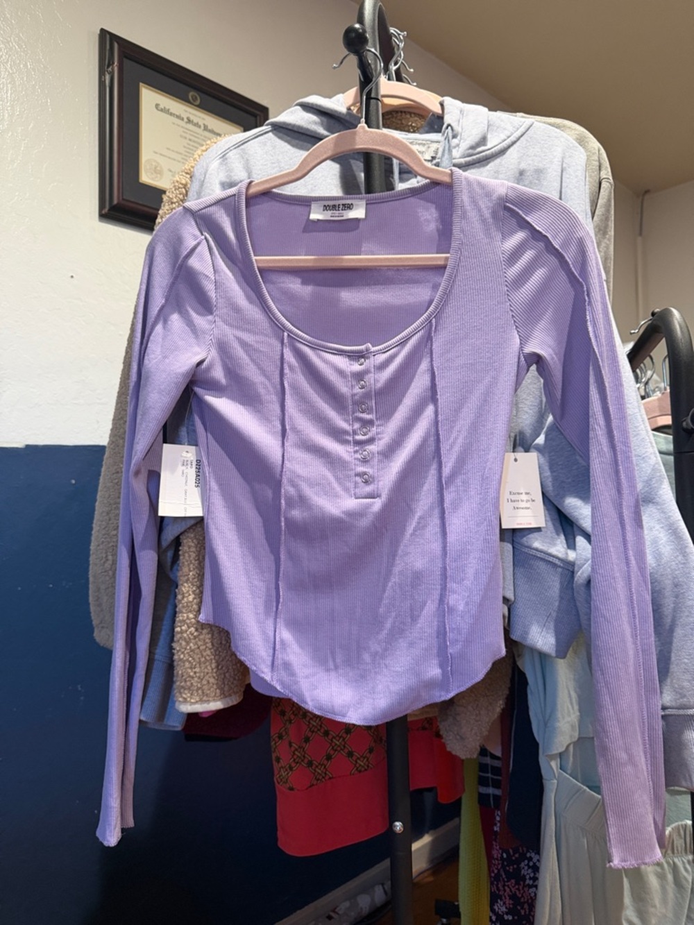 Double Zero Lavender Ribbed Henley Long Sleeve Top